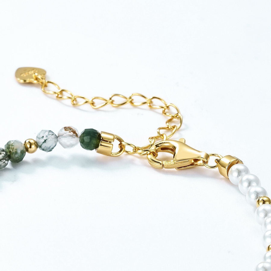 Natural Water Grass Agate with Pearls Sterling Silver Bracelet Shine of Diamond