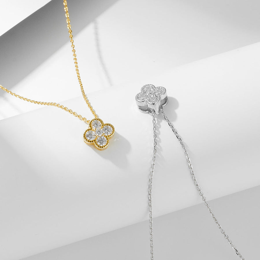 Sweet Four Leaf Clover Design Silver Necklace Shine of Diamond