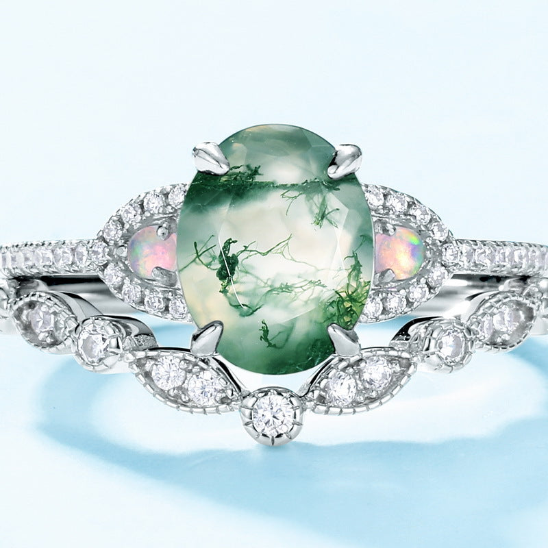 2 Pcs Natural Green Moss Agate Ring Set For Women Carly Jewelry