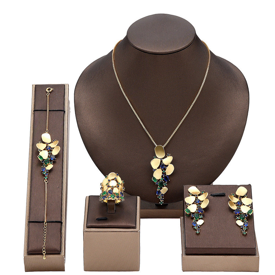 4 Pcs Luxury 18k Gold Plated Colorful Jewelry Set Shine of Diamond