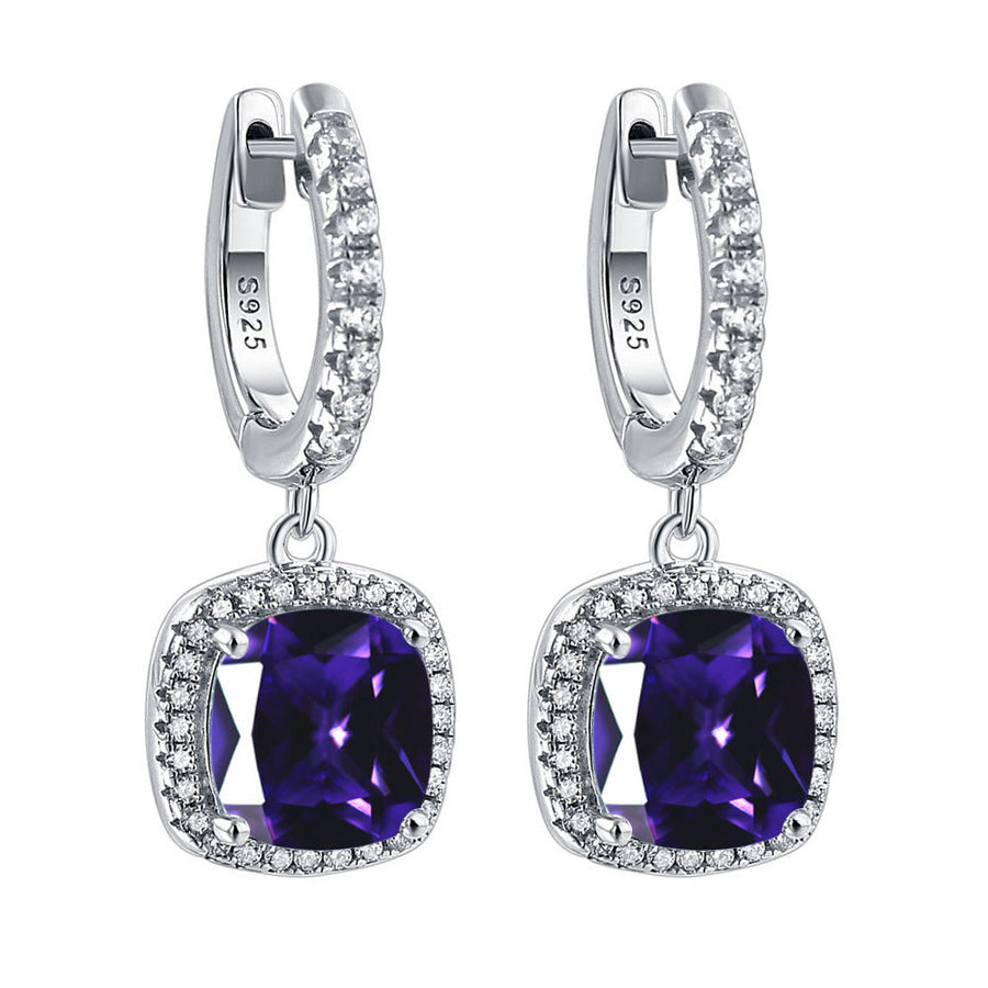 Birthstone Cushion Cut Halo Sterling Silver Drop Earrings Shineofdiamond