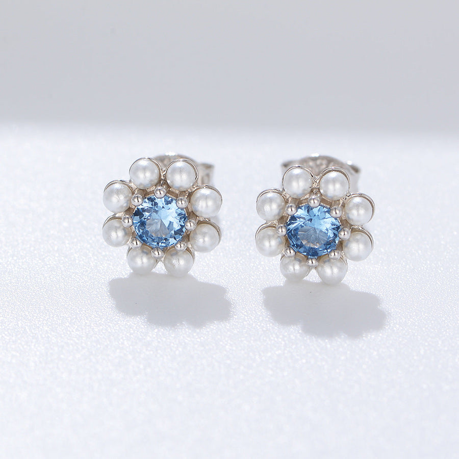 Blue Flower Design Pearls Stud Earrings Carly Jewelry