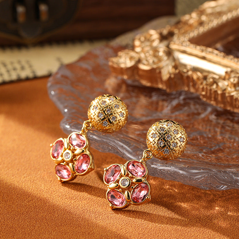 Vintage Pink Flower Design Golden Tone Drop Earrings Carly Jewelry