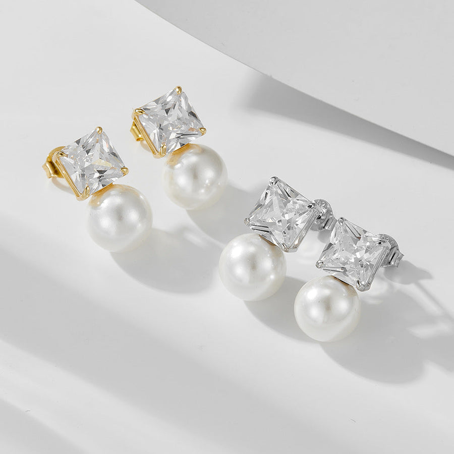 Simple Simulated Diamond Pearls Drop Earrings Carly Jewelry