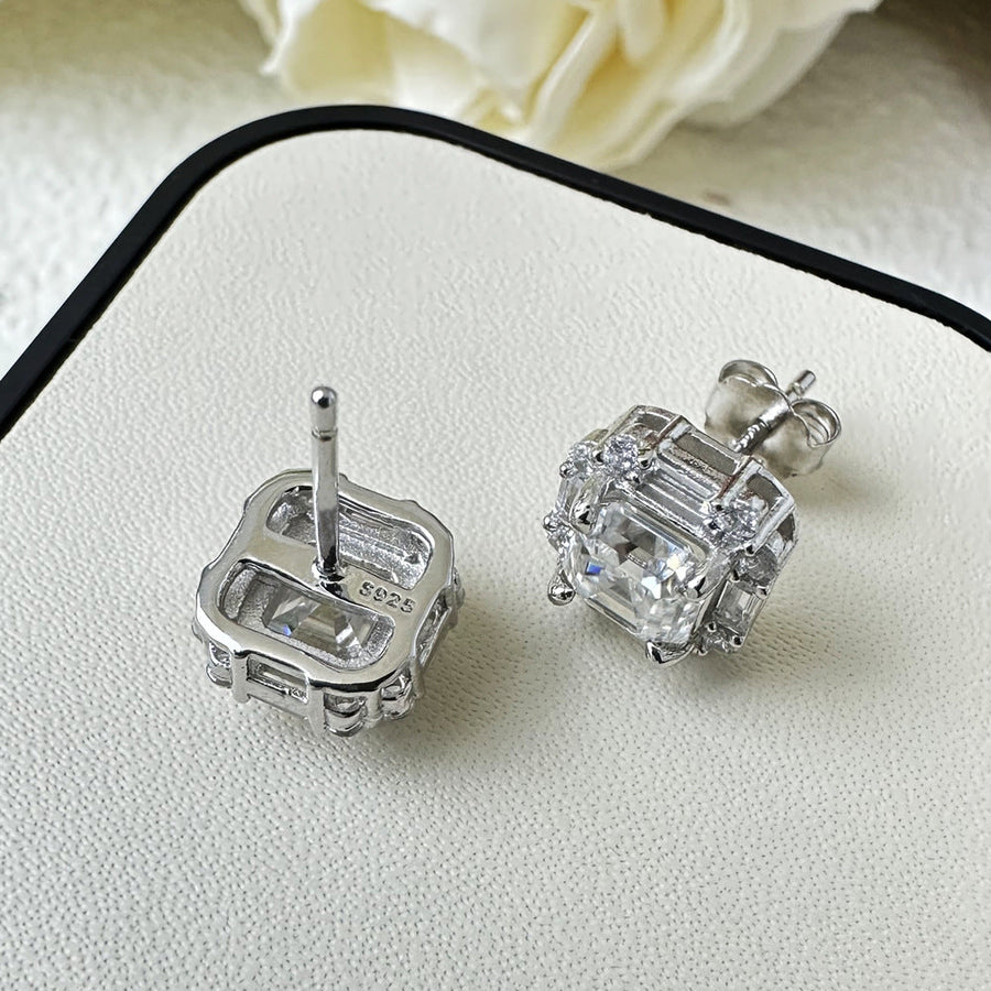 Asscher Cut Moissanite Silver Stud Earrings Shine of Diamond