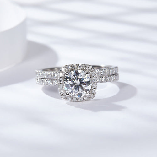 Round Cut D Color Moissanite Sterling Silver Halo Wedding Ring Set shine of diamond