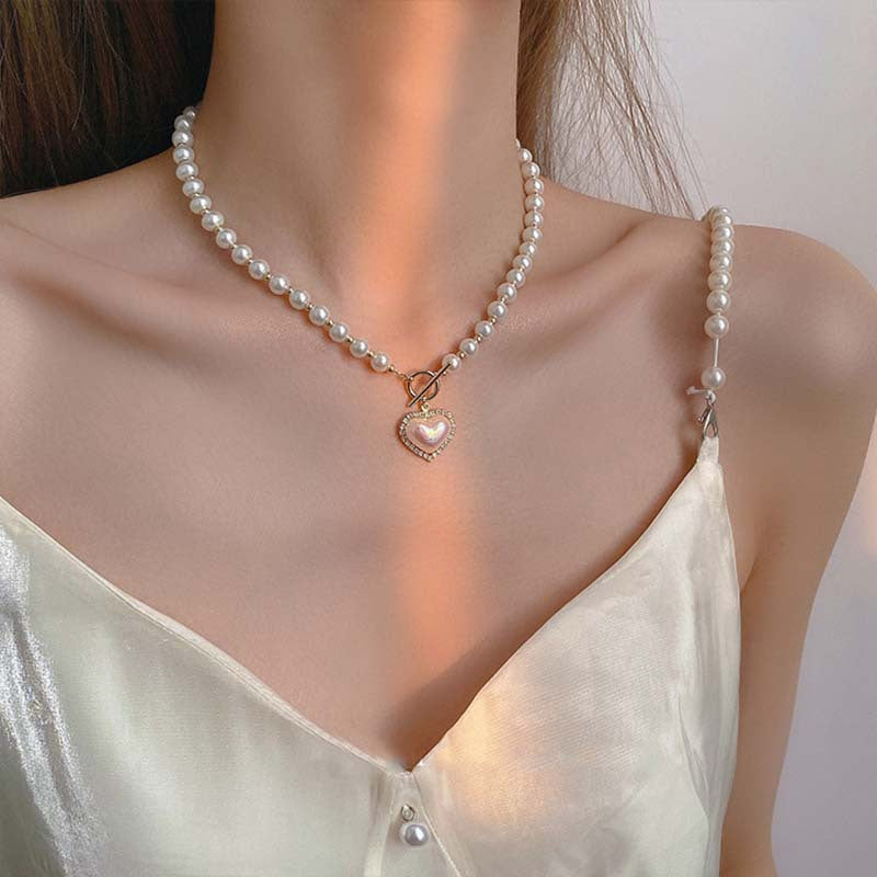 Elegant Pearl Heart Pendant Necklace Shine of Diamond