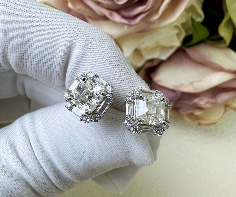 Asscher Cut Moissanite Silver Stud Earrings Shine of Diamond