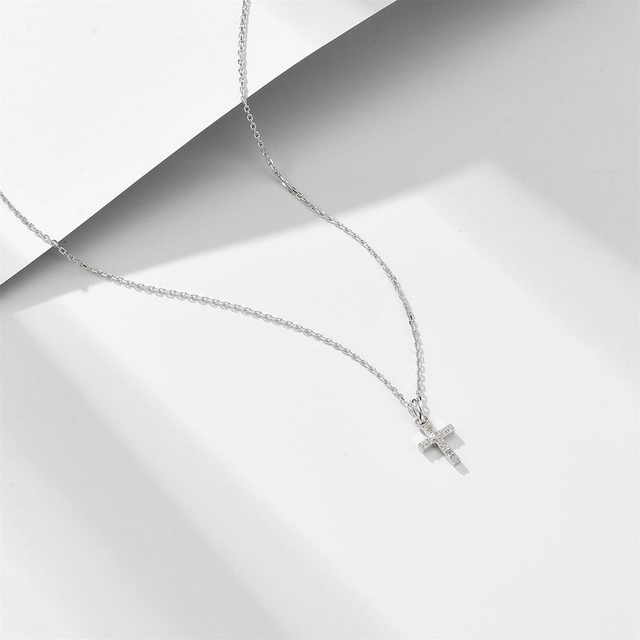 Paved Cross Design Sterling Silver Necklace Shine of Diamond