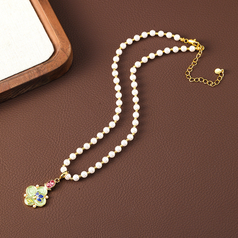 Enamel Flower Oil Painting Pearl Drop Earrings And Necklace Carly Jewelry
