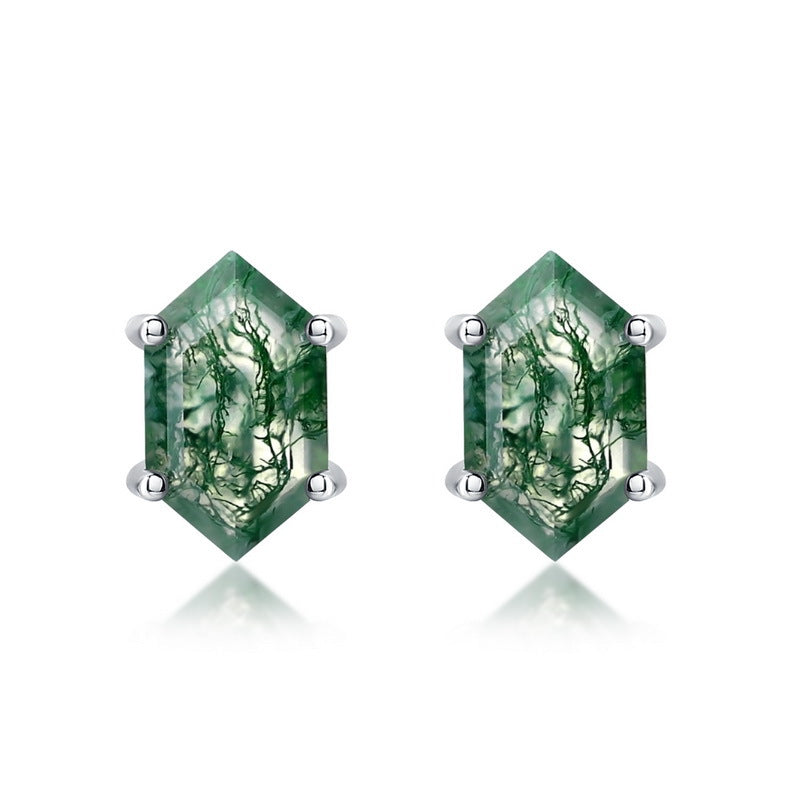 Geometric Green Moss Agate Sterling Silver Stud Earrings Carly Jewelry