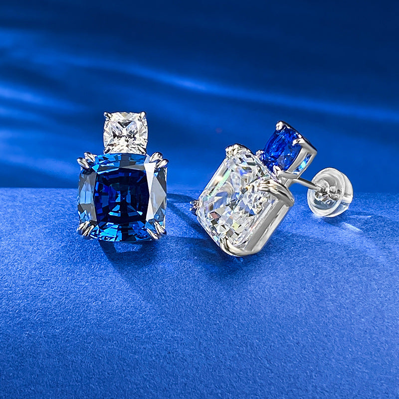 Asscher Cut and Cushion Cut Sapphire Blue Dangle Earrings in Sterling Silver shine of diamond