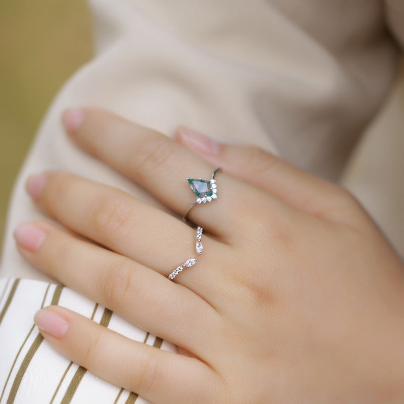 Retro Natural Green Moss Agate Ring Set For Women Carly Jewelry
