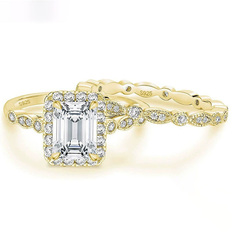 2.0 CT Emerald Cut Halo Sterling Silver Ring Set Carly Jewelry