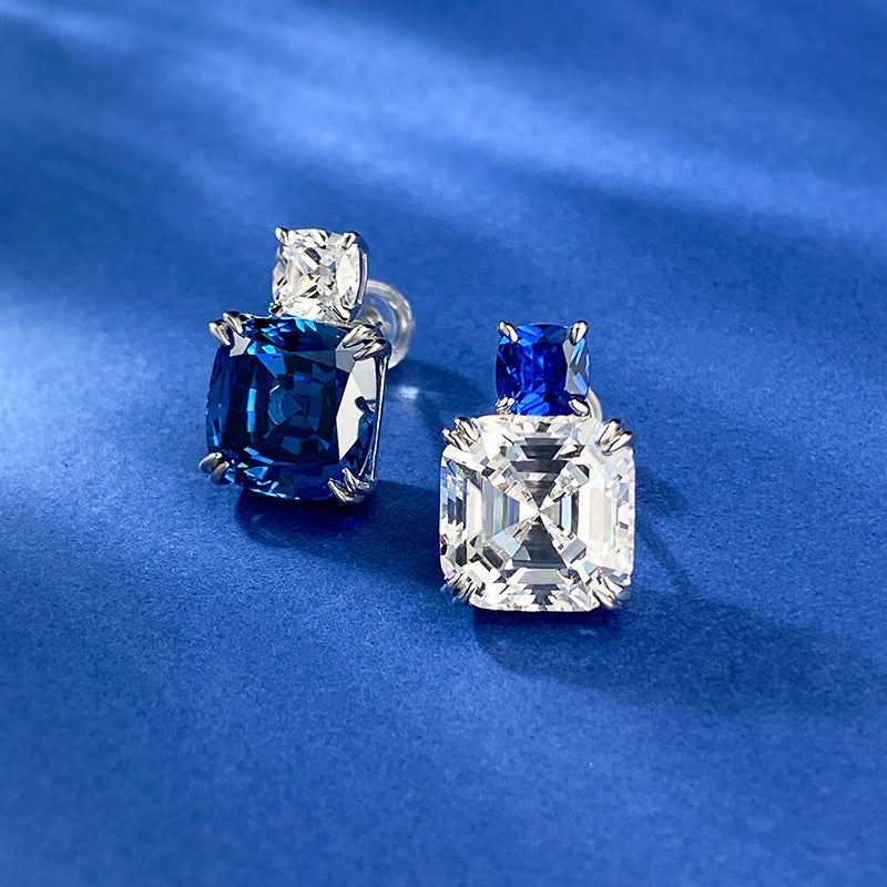 Asscher Cut and Cushion Cut Sapphire Blue Dangle Earrings in Sterling Silver shine of diamond
