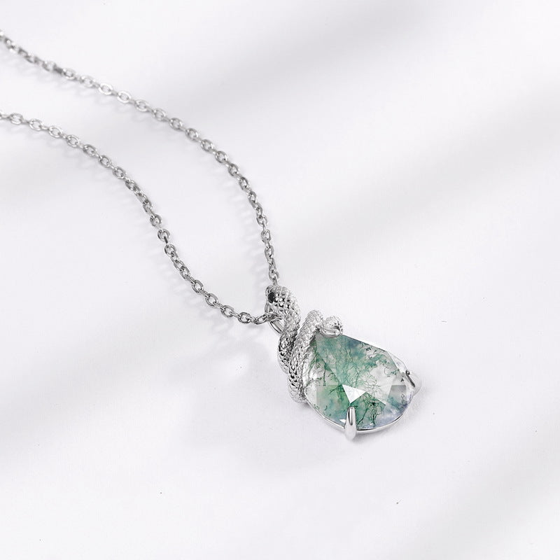 Snake Coiled Natural Green Moss Agate Pendant Necklace Carly Jewelry