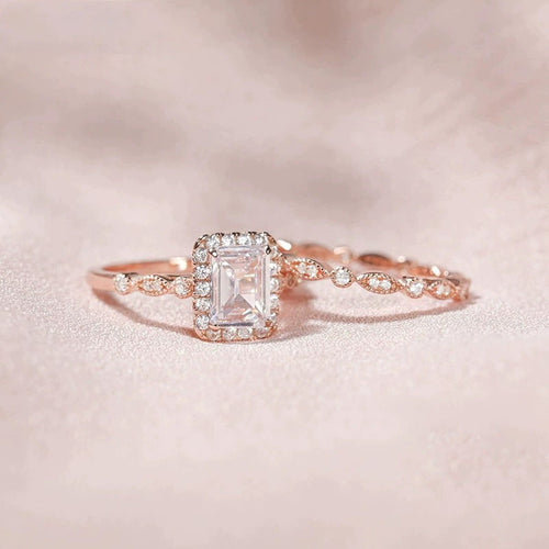 2.0 CT Emerald Cut Halo Sterling Silver Ring Set Carly Jewelry