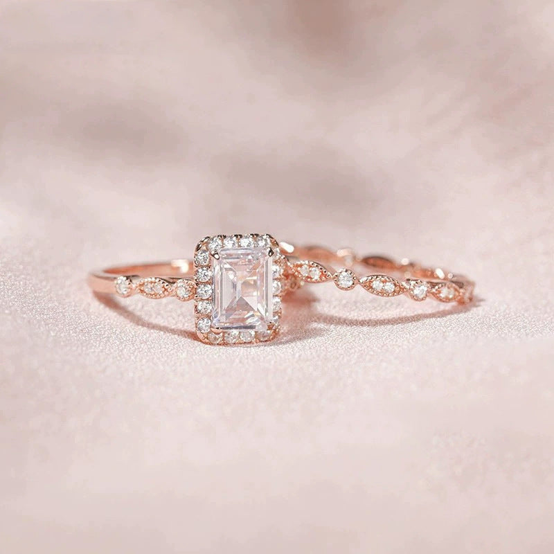 2.0 CT Emerald Cut Halo Sterling Silver Ring Set Carly Jewelry