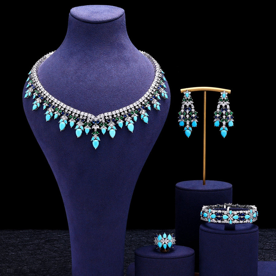 4 PcsTurquoise Luxury Necklace Earrings Bracelet Ring Set Shine of Diamond