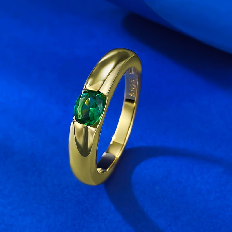 Luxurious Green Oval Cut Sterling Silver Engagement Ring in Golden Tone shine of diamond