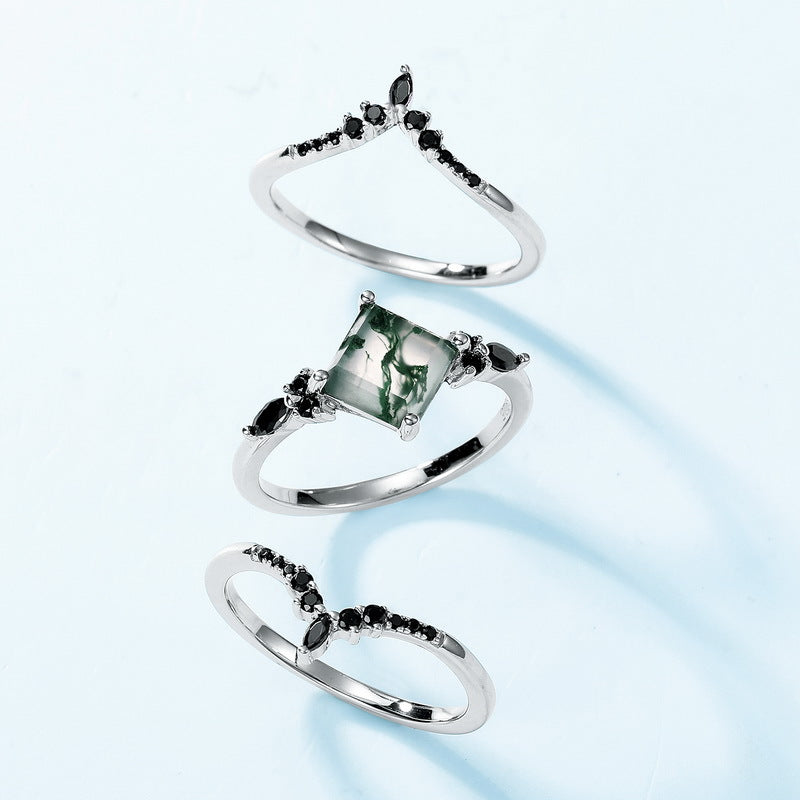 3 Pcs Geometric Natural Black And Green Moss Agate Ring Set Carly Jewelry