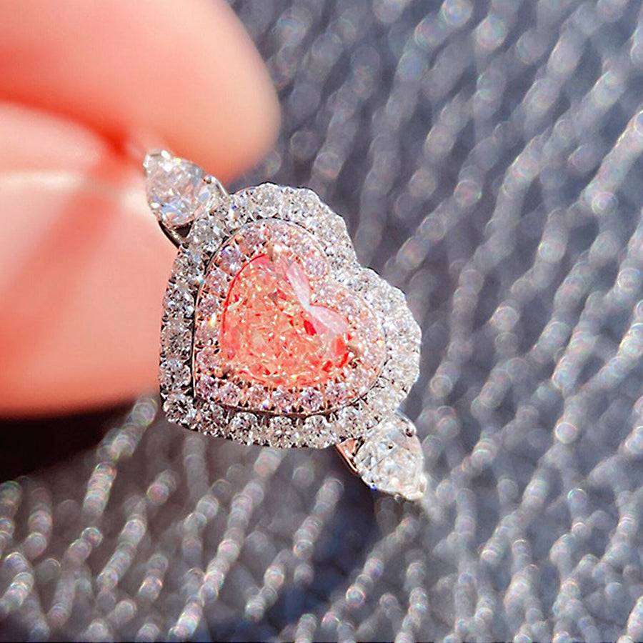 Pink Heart Double Halo Sterling Silver Engagement Ring shine of diamond