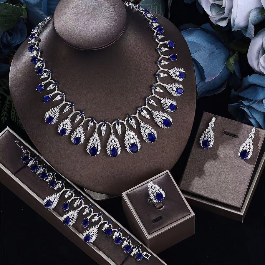 4 Pcs Luxury Dazzling Full Diamond Colored Evening Dress Jewelry Set Shine of Diamond