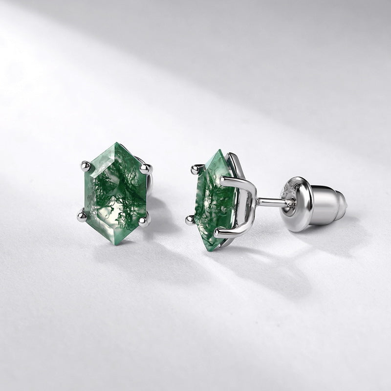 Geometric Green Moss Agate Sterling Silver Stud Earrings Carly Jewelry