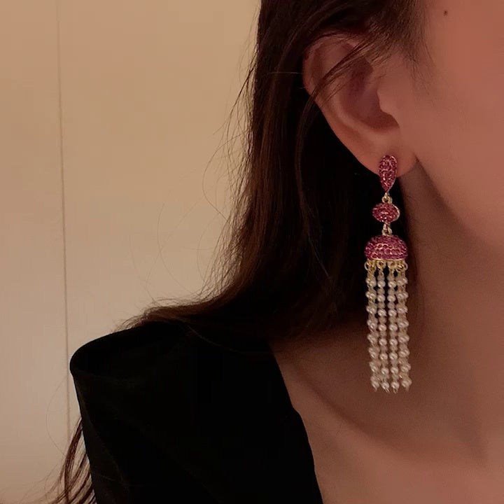 Rhinestones Paved Drop Earrings With Pearl Fringe Dobrilajewelry