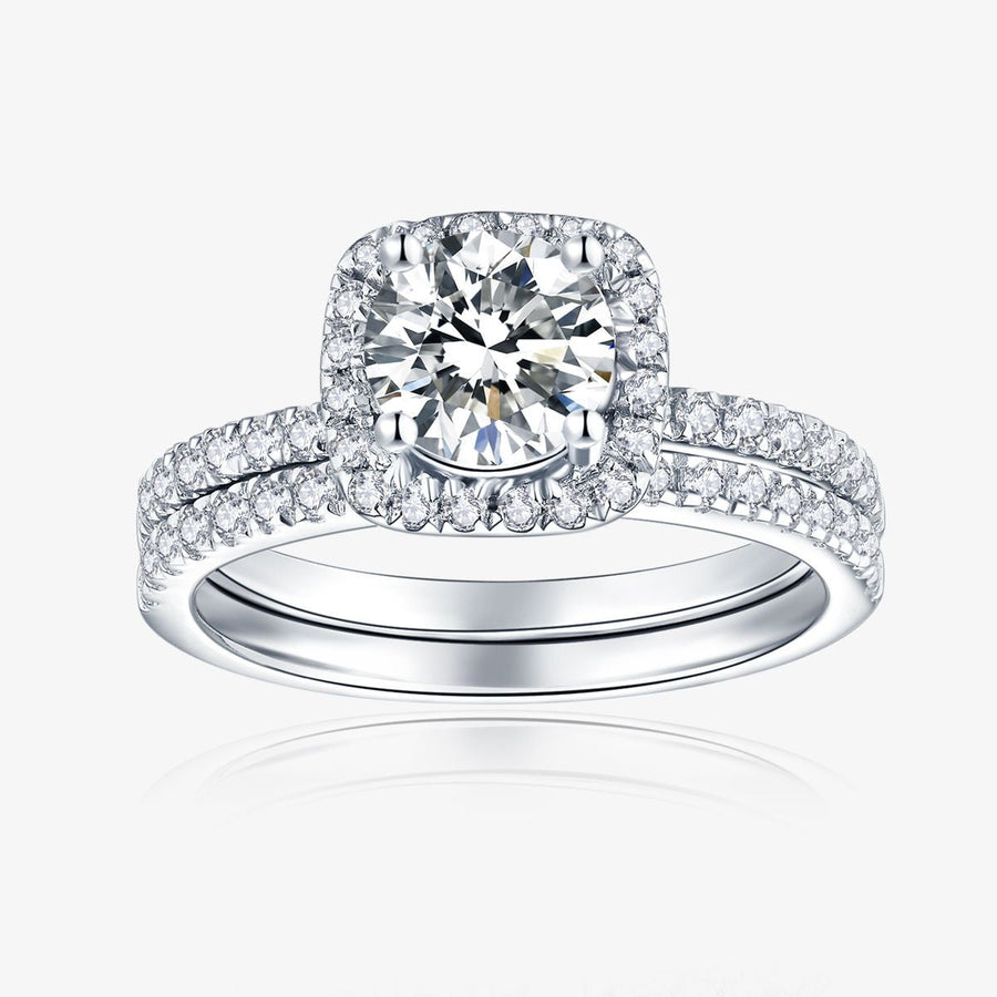 Round Cut D Color Moissanite Sterling Silver Halo Wedding Ring Set shine of diamond