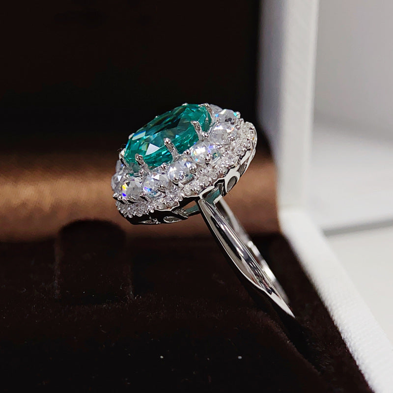 Vintage Flower Design Green Oval Cut Sterling Silver Engagement Ring shine of diamond