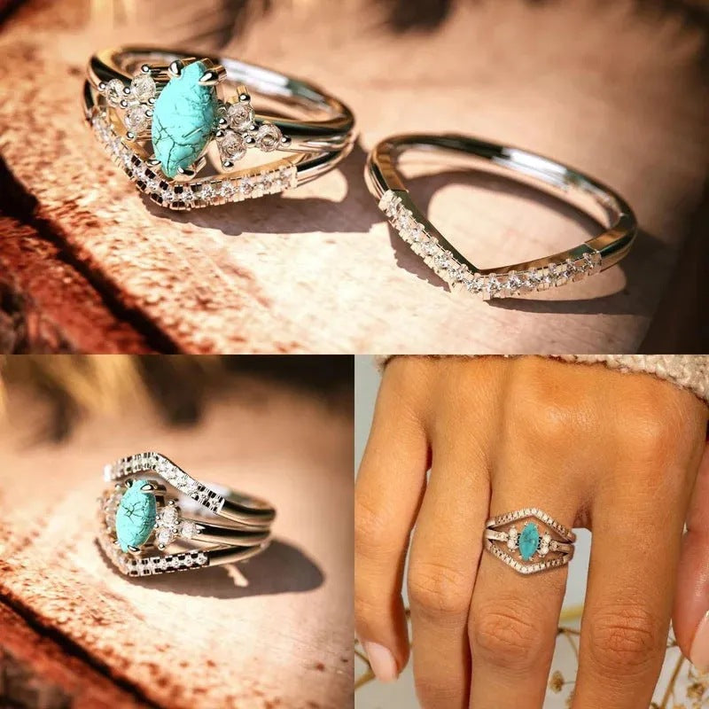 Vintage Turquoise Maquise Shape Ring Set Carly Jewelry