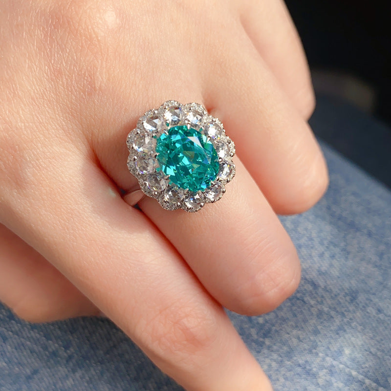 Vintage Flower Design Green Oval Cut Sterling Silver Engagement Ring shine of diamond