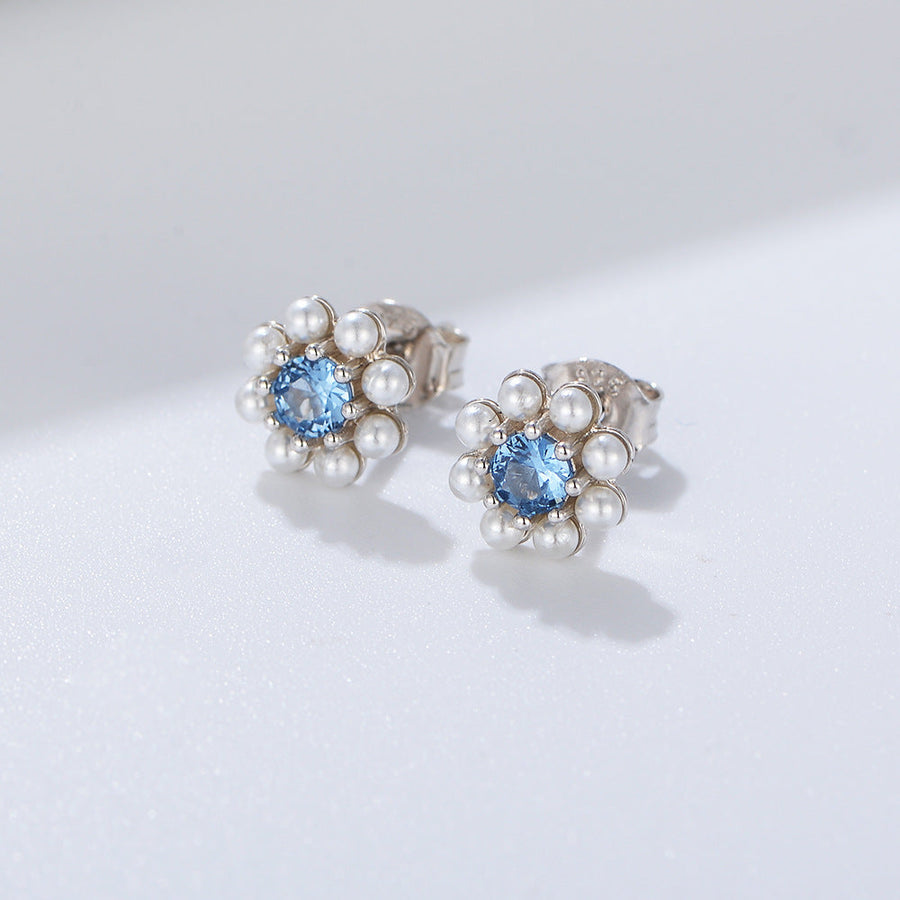 Blue Flower Design Pearls Stud Earrings Carly Jewelry