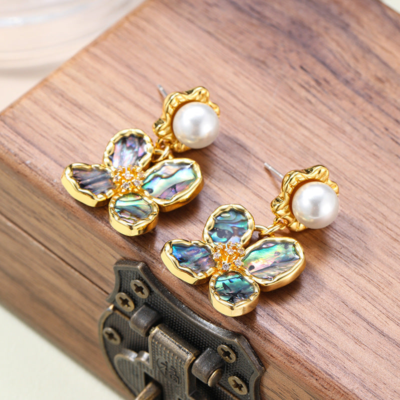Retro Abalone Flower Pearl Tassel Earrings Carly Jewelry