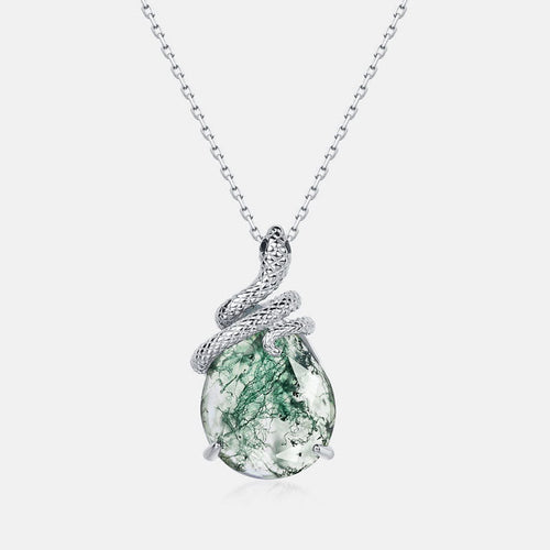 Snake Coiled Natural Green Moss Agate Pendant Necklace Carly Jewelry