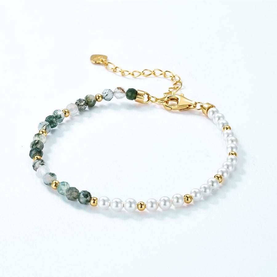 Natural Water Grass Agate with Pearls Sterling Silver Bracelet Shine of Diamond