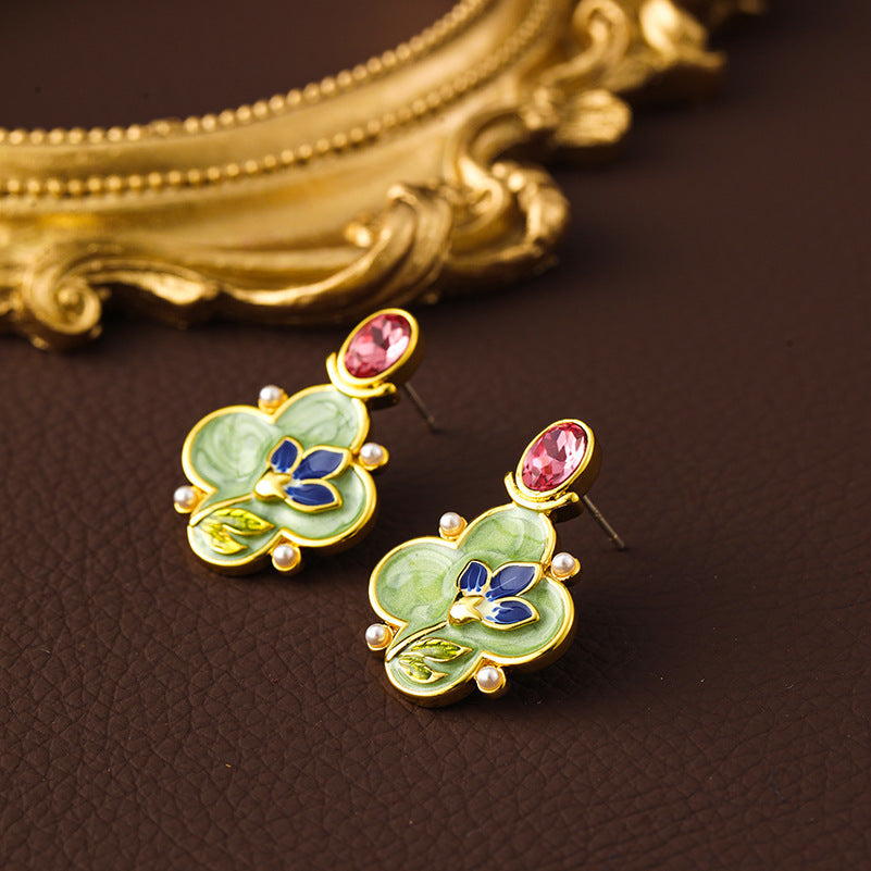 Enamel Flower Oil Painting Pearl Drop Earrings And Necklace Carly Jewelry