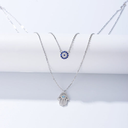 Devil Eye Hamsa Palm Double Layed Necklace Shine of Diamond