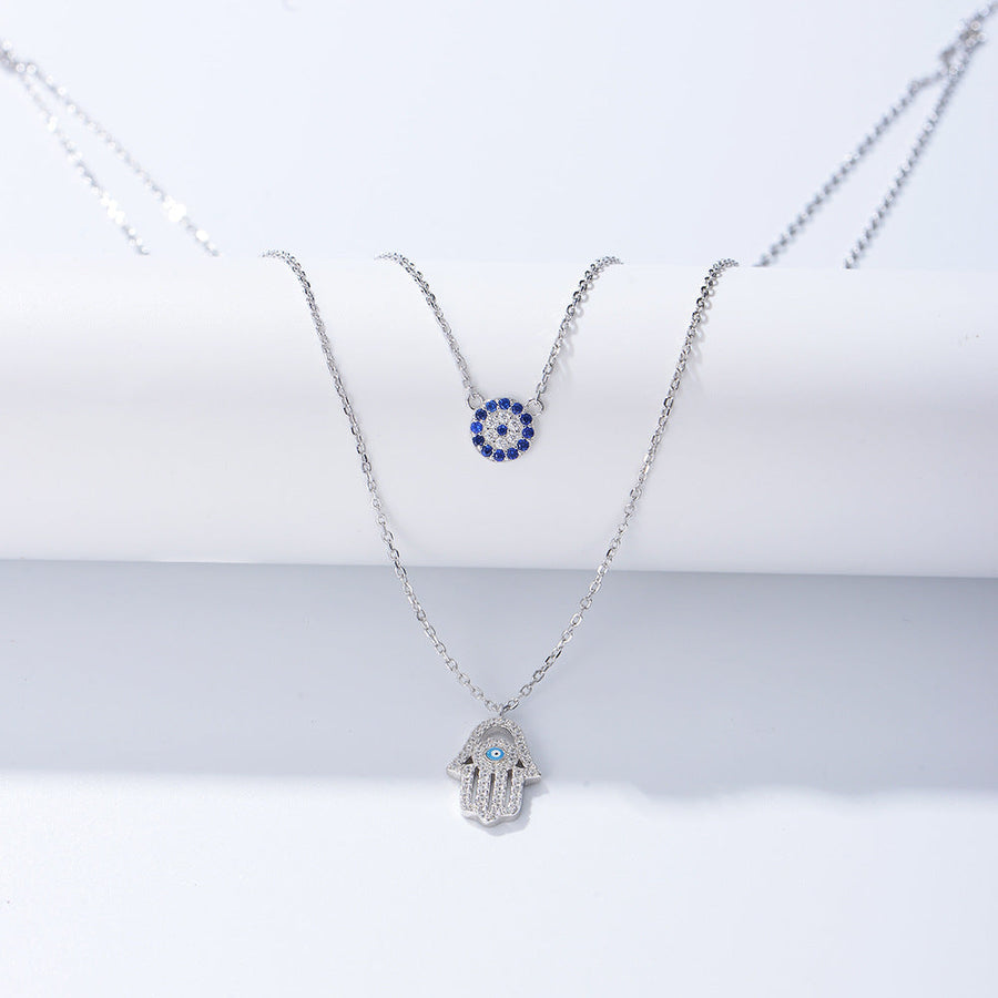 Devil Eye Hamsa Palm Double Layed Necklace Shine of Diamond