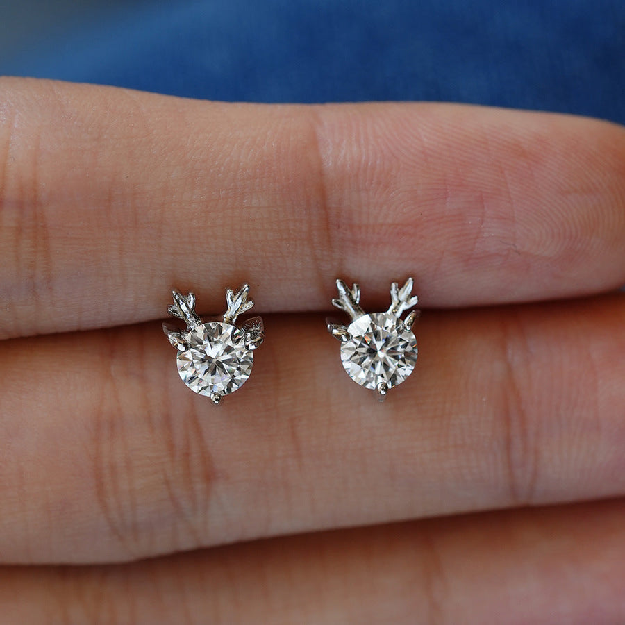 Cute Antler Reindeer Design Moissanite Silver Earrings Shine of Diamond