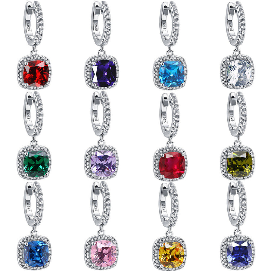 Birthstone Cushion Cut Halo Sterling Silver Drop Earrings Shineofdiamond