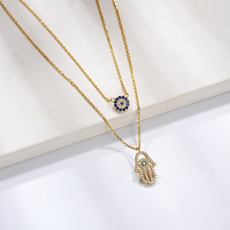 Devil Eye Hamsa Palm Double Layed Necklace Shine of Diamond