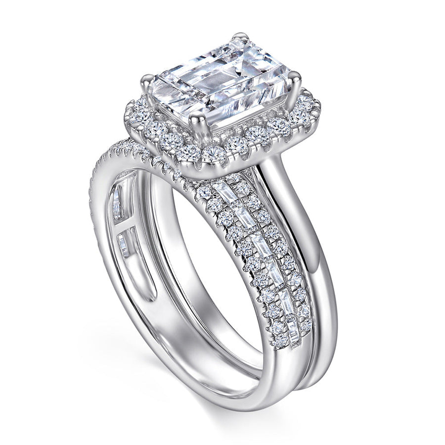 2PCS 2.0ct Emerald Cut Halo Engagement Ring Set in Sterling Silver shine of diamond