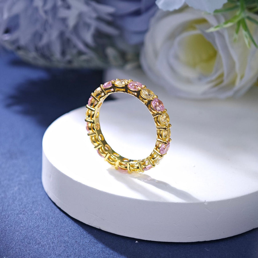 Yellow and Pink Gemstone Sterling Silver Eternity Wedding Band in Golden Tone shine of diamond