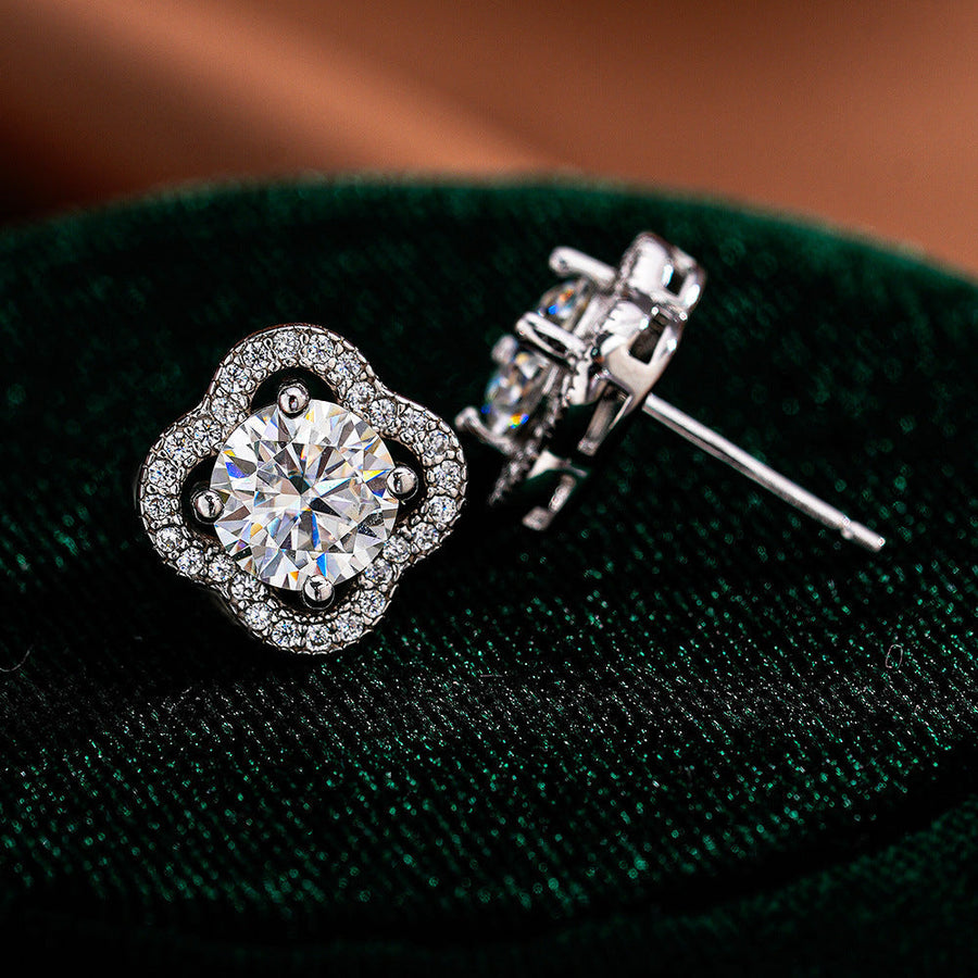 Moissanite Clover Halo Stud Earrings in 925 Sterling Silver Shine of Diamond