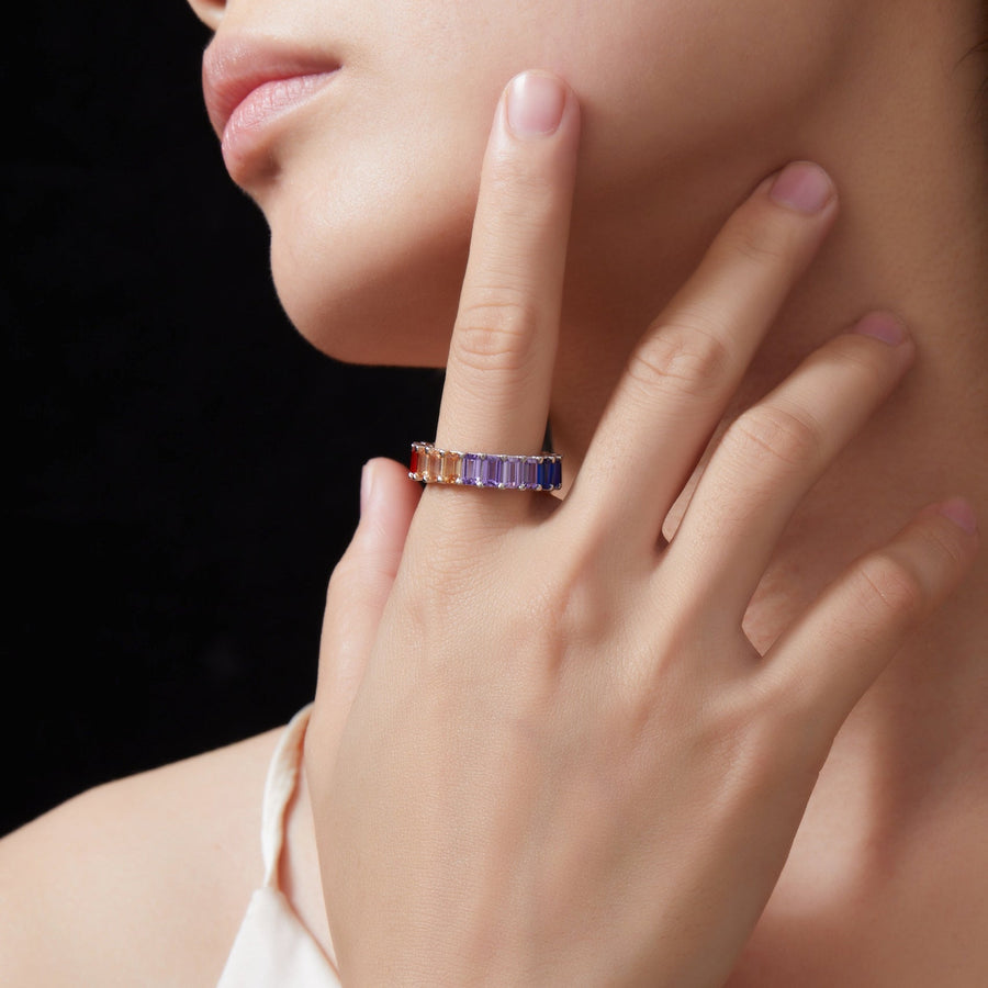 “Eternal Rainbow” Full Eternity Band in 18K Gold Plated 925 Sterling Silver Shine of Diamond