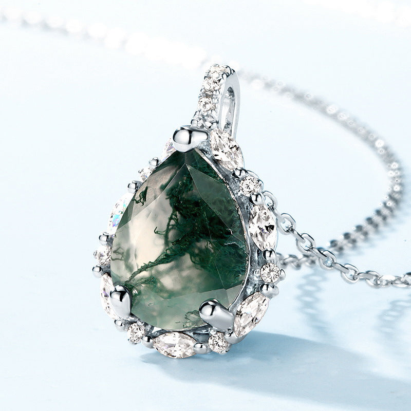 Pear Shape Halo Green Moss Agate Pendant Necklace Carly Jewelry