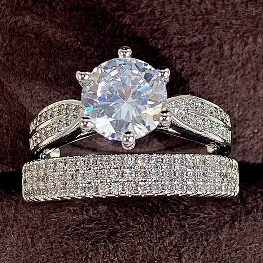Classic 2-Piece Round Six-Prong Solitaire with Half Eternity Bands Bridal Ring Set in 925 Sterling Silver Shine of Diamond