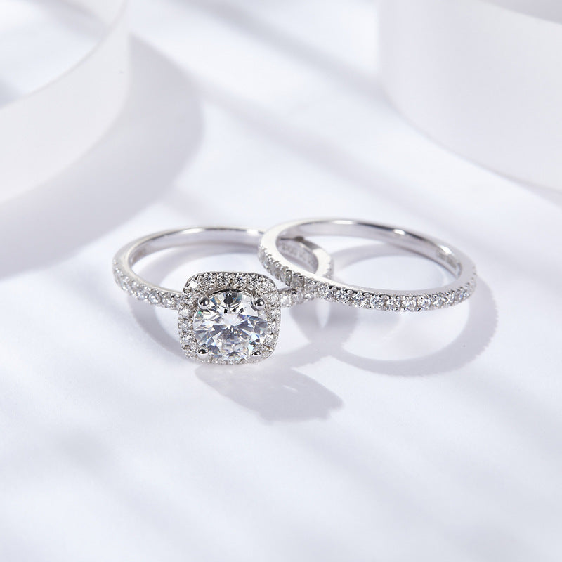 Round Cut D Color Moissanite Sterling Silver Halo Wedding Ring Set shine of diamond